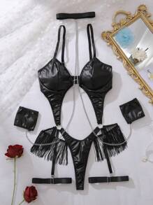 4pcs Sexy PU Leather Tassel Hollow Out Bodysuit Lingerie Set