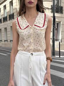 Pariaura Blusa sin mangas con cuello Peter Pan y estampado floral elegante, apropiada para uso diario y fiestas - Blanco - Ver 1