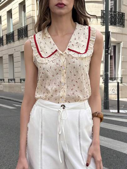 Pariaura Women's Elegant Floral Print Peter Pan Collar Sleeveless Blouse, Suitable For Daily Wear And Parties