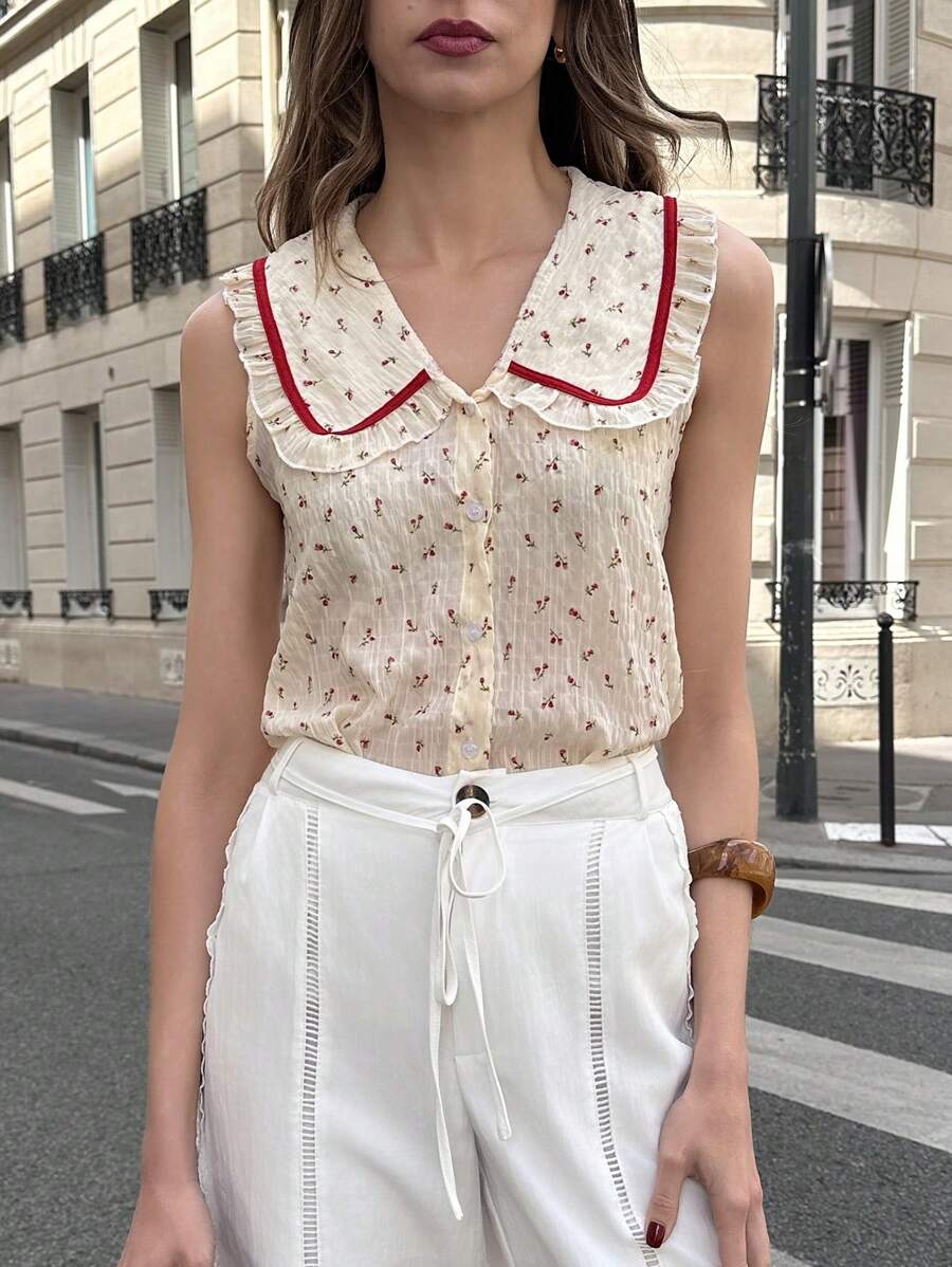 Pariaura Blusa sin mangas con cuello Peter Pan y estampado floral elegante, apropiada para uso diario y fiestas - Blanco - Ver 1