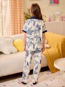 SHEIN 青春期前女童泡泡皱植物与动物印花纽扣睡衣套装 - 杏色 - 查看 2