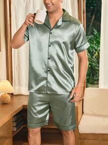 SHEIN Men's Solid Color Satin Short Sleeve & Shorts Sleepwear Pajama Set, Summer - Olive Green - View 4