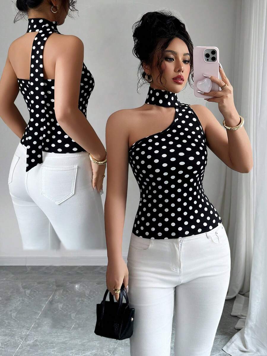 Elenzga 女式圆点印花镂空设计修身上衣 - 黑色 - 查看 1