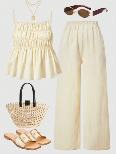 SHEIN Sweetra Young 少女休闲甜美质感泡泡褶皱面料抽绳吊带背心和阔腿裤两件套，适合日常、通勤、度假、姐妹街头风，春夏皆宜