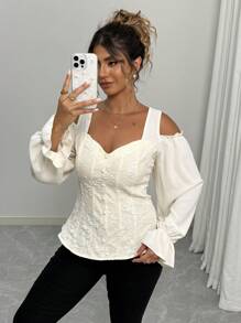 Calvaya Plus Size Women's Floral Jacquard Off-Shoulder Long Sleeve Elegant Blouse - Apricot - View 1