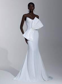 Elitara Elegant And Luxurious White Sequin Embroidery Handmade Big Bow Pearl Decoration Tube Top High Waist Slim Fishtail Beauty Trailing, Suitable For Wedding Festival Bridal Dress Formal Occasion Wedding Dress