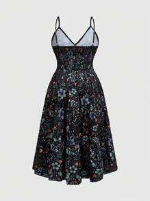 ROMWE Goth 加大码深紫色飞蛾与花卉印花长款背心裙 - 綠色 - 查看 2