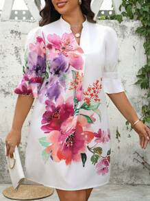 SHEIN Clasi Váy dài tay rộng rãi in họa tiết hoa lãng mạn hàng ngày cho nữ cỡ lớn, váy mùa hè cho nữ, trang phục đi nghỉ cho phụ nữ, váy đi nghỉ, váy cỡ lớn, quần áo bà bầu, váy bầu, váy đi biển, váy đi biển cho nữ, váy đi biển - trắng - Xem 4