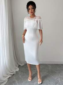 Elenzga 女式露肩蕾丝拼布修身中长连衣裙，高端优雅时尚，春夏