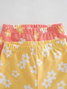 Cozy Pixies Baby Girl 4pcs Snug Fit Pajama Set - Floral Print Knit Soft Crew Neck Long Sleeve Top & Elastic Waist Leggings For Spring Graphic - Multicolor - View 5