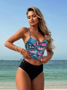 Swim Lushoire Women's Spring/Summer Beach Tropical Plants Random Printed Steel Circle Gather Drawstring Strap Tank Top Bikini Two Pieces Set - Multicolor - View 4