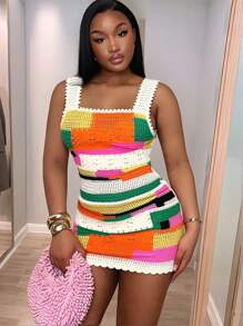 Slaydiva 2025 New Summer Music Festival, Birthday Party, Graduation, Student Daily Wear, Casual, Vacation, Cruise Travel, Beach, Sunbathing, Viral Hit Collor-Block Knit Figure-Flattering Dress For Women