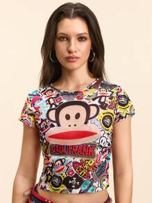 Paul Frank X SHEIN 女式猴子印花修身圆领短袖上衣，夏季 - 彩色 - 查看 5