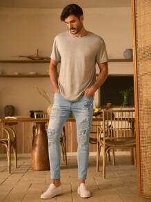 Manfinity VCAY Men's Distressed Skinny Fit Denim Jeans - Blue - View 5