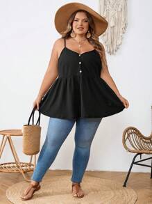 SHEIN CURVE+ 大码女式华夫格针织上衣，娃娃款吊带背心，波西米亚风度假夏季/乡村/海滩风 - 黑色 - 查看 8