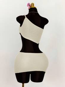 Amplova 2pcs/Set Oblique Shoulder Twist Knot Hem Camisole And Mini Skirt With High Slit - Apricot - View 2