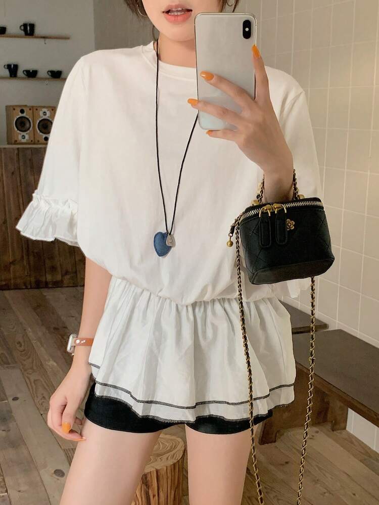 Women's Crew Neck Ruffle Trimmed Mesh Patchwork Short Sleeve T-Shirt, Summer