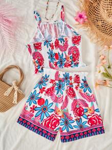 Bộ 2 áo yếm và quần short in hoa cho bé gái tuổi mới lớn - Nhiều màu - Xem 2