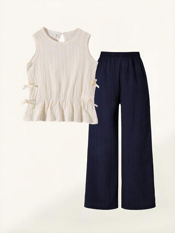 SHEIN Ensemble casual de 2 pièces pour filles : blouse sans manches de couleur unie et pantalon imprimé, convenant pour le printemps, l'été et l'automne