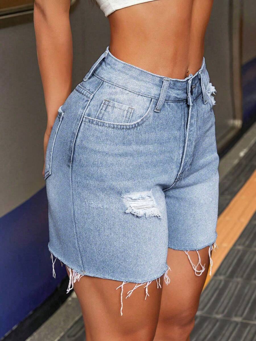 SHEIN PETITE 女士口袋做旧磨边休闲牛仔短裤