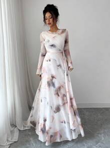 Modelyn 女士网眼花卉印花长袖抽绳腰部褶边甜美夏日连衣裙