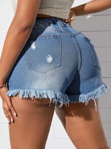 SHEIN SXY Plus Size Women Sexy Distressed High Waist Washed Denim Frayed Hem Shorts