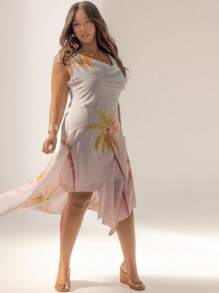 Aralina Curve Printed Cowl Neck Asymmetrical Hem Beach Vacation Outfits Women Maxi Dress - Multicolor - View 8