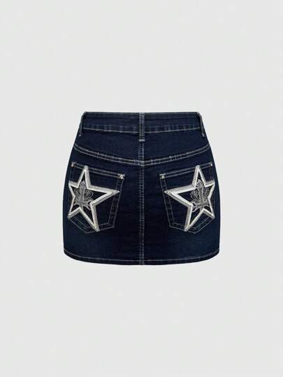 J-Fashion Minigonna di jeans in stile Y2K, vita bassa, decorata con ricami a stelle e strass, per le donne