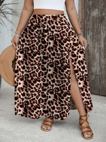 SHEIN VCAY Holiday Style All-Match Casual Plus Size Women's Leopard Pattern Elastic Waist Side Slit Hem Casual Skirt Summer Women's Skirt - Brown - View 3