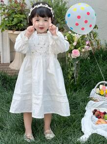 DAZY Baby Girls' Round Neck Embroidery Casual Cute Solid Color Puff Sleeve Dress Fall,Winter Toddler Girls Clothes - White - View 4