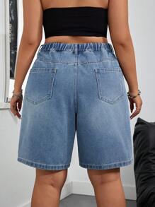 SHEIN ICON 大码女式宽松口袋阔腿休闲牛仔百慕大短裤 - 藍色 - 查看 2