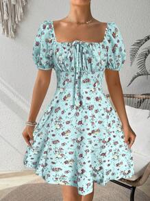 Chiquease 方领花卉腰带中长连衣裙 女士度假海滩装 - 藍色 - 查看 5