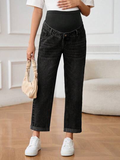 SHEIN Adjustable Waist Straight-Leg Casual Versatile Maternity Jeans