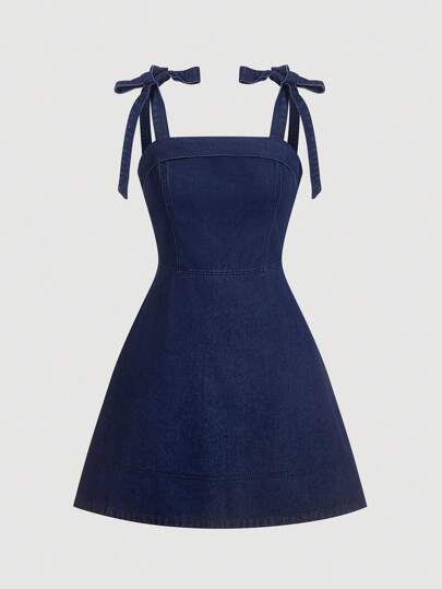 SHEIN MOD Women's Sleeveless Tie Shoulder Casual Denim Dress Blue