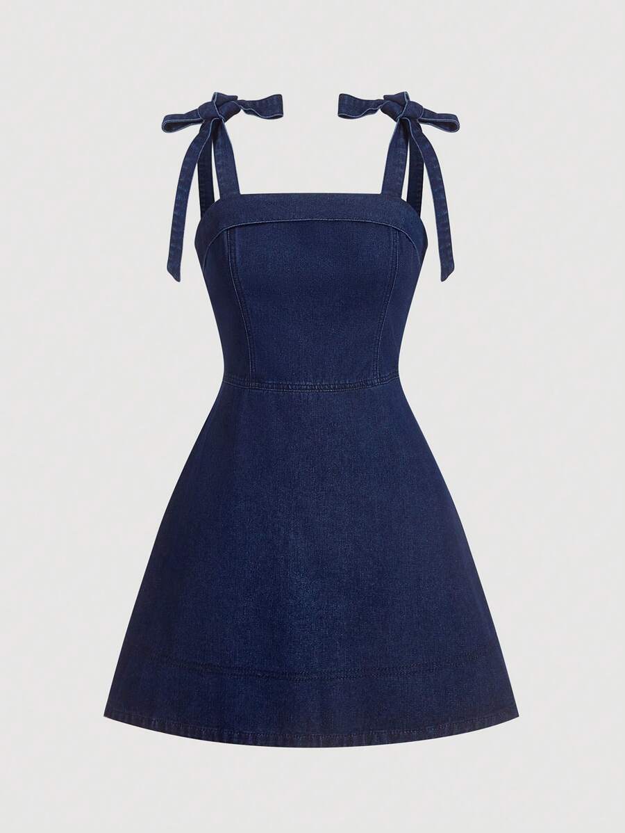 SHEIN MOD 女式无袖系肩休闲牛仔连衣裙