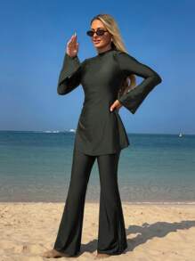 Swim Mulvari 女式全新纯色夏季两件套高领长袖荷叶边喇叭袖系腰泳衣，端庄度假防晒沙滩装 - 軍綠色 - 查看 4