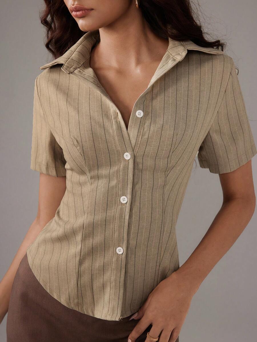 TRNVIE 女士简约日常短袖衬衫 - 鏽棕色 - 查看 1