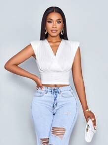 SOLERSUN Women's Spring Summer Fashionable Elegant White Solid Color Shoulder Pad Ruched Detail V Neck Tank Top - White - View 6