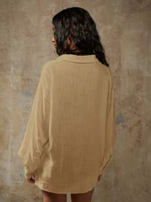 MISSGUIDED Oversized Beach Button Down Long Sleeve Shirt Lightweight Summer Vacation Resort Wear Chic Essential Casual Everyday Blouse - Camel - View 2