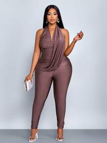 SOLERSUN 女式加大码春夏两件套纯色露背吊带上衣和褶皱紧身裤休闲嬉皮套装 - 棕色 - 查看 4