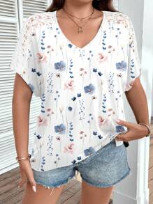Rusticease Plus Size Women V-Neck Floral Print Casual Versatile Daily Wear T-Shirt - Multicolor - View 7