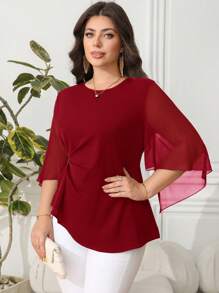Reflora Women Plus Size Solid Color Round Neck Flared Sleeve Elegant Blouse,Business Casual Woman