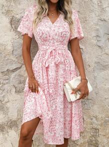 SHEIN Clasi 浪漫碎花夏季休闲连衣裙波西米亚粉色连衣裙，女士太阳裙，波西米亚风格服装