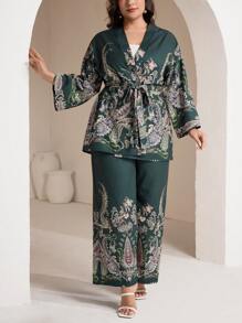 Modelyn 2 件套大码女式休闲腰果印花长袖上衣和裤子套装，度假