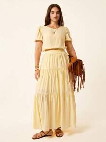 SHEIN LUNE Plus Size Solid Color Round Neck Puff Sleeve Shirt + Cream Yellow A-Line Midi Skirt, Casual Holiday Style Slouchy Casual Style Casual Wear Holiday Style Cream Yellow Two-Piece Suitow Two-Piece Suit Fall Women Clothes School Clothes Country Outfits Women Teacher Outfits For Women Country Outfits Women