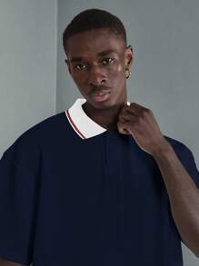 SUMWON 奥斯曼针织宽松 Polo 衫短袖运动服优质领口上衣夏季休闲现代超大中性街头服饰欧洲都市当代 - 藏蓝色 - 查看 5