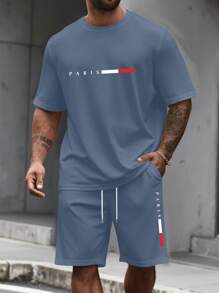 Manfinity Homme 2pcs/Set Plus Size Men Letter Print Round Neck Short Sleeve T-Shirt And Drawstring Waist Shorts, Casual Outfit Mens 2 Pieces Sets Men S 2 Pieces Outfit Two Pieces Set For Men