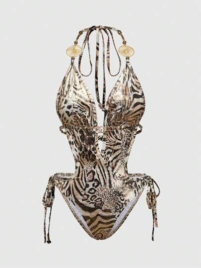 ROMWE Avant Women's Y2K Retro Sexy Leopard Print Metallic Decor Bodysuit