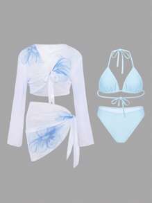 Swim Oasis 4件套新款夏季时尚热带花卉印花比基尼女士沙滩度假泳衣套装