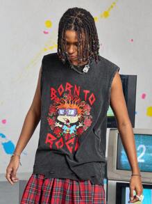 ROMWE MEN Nick 90's X ROMWE Washed & Acid Washed Casual Tank Top - Black - View 5